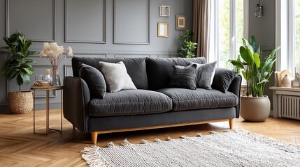 Fototapeta premium Gray sofa in a bright room with wood floor and plants near a window