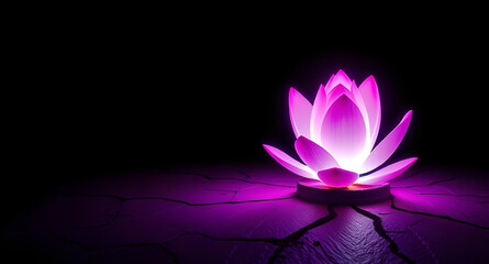 Neon Glowing Lotus Blooming from Cracked Concrete on Black Background – Surreal Symbol of Hope, Strength, and Growth Through Adversity