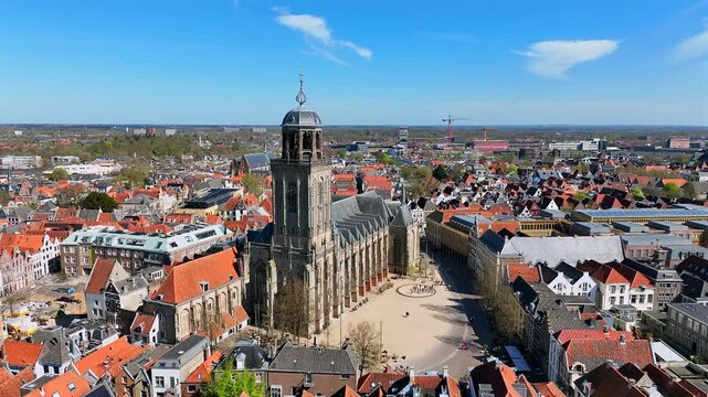 Aerial from the city Deventer with the Lebinius church in the Netherlands