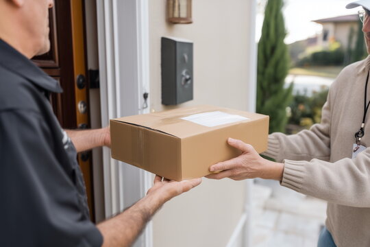 Package delivery from online shopping store to the doorstep of a house, delivery person hands over a brown cardboard box of purchased goods to a homeowner, e-commerce logistic