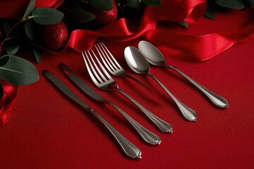 Valentine's Day background with cutlery and red ribbon on a red tablecloth. High-quality photo