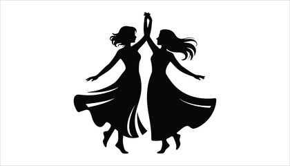 Black Silhouette of Two Women Dancing Together &ndash; Elegant Pair Holding Hands