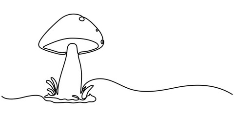 Continuous line drawing of Mushroom. One line Champignon vector background. Edible autumn harvest  Nature food vector illustration. mushroom clean with delicious taste vegetable.                      