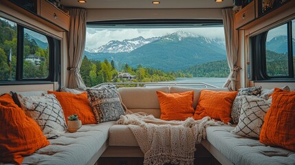 Cozy RV living room with lake and mountain views