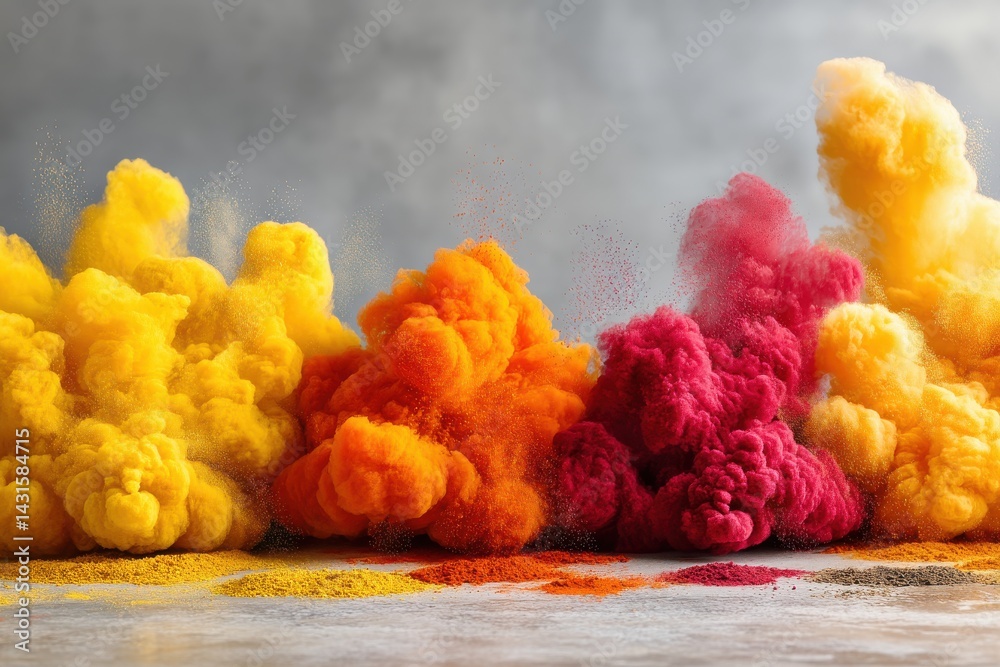 Poster a vibrant explosion of colorful powder pigment, creating abstract shapes and a dynamic flow of color