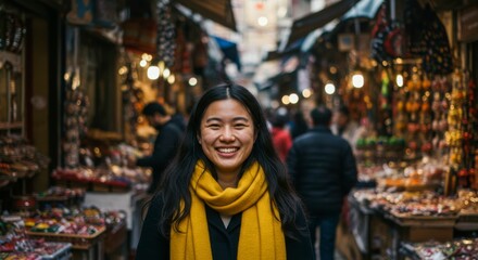 Fototapeta premium Woman smiles in a bustling market