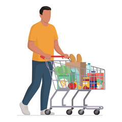 Man pushing a shopping cart full of groceries