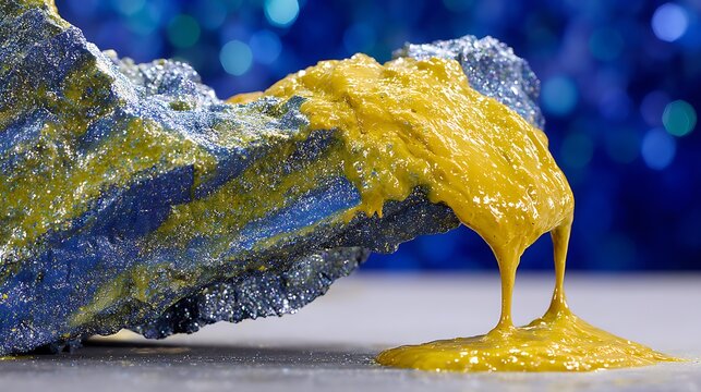Glittery blue rock with yellow slime dripping