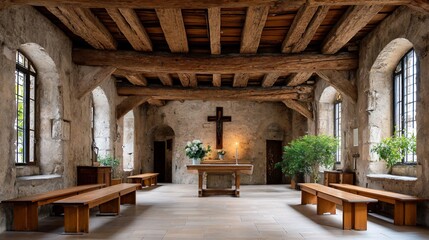 Fototapeta premium Historic chapel interior with stone walls, wooden beams, altar, and benches