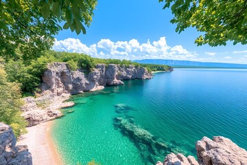 Obraz premium Scenic view of a secluded beach with crystal-clear turquoise water and rocky cliffs