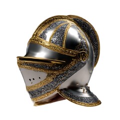 A medieval knight's helmet, featuring intricate metalwork and gold trim, isolated on a clean white background