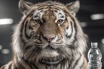Obraz premium A majestic tiger portrait, capturing its intense gaze and striking striped fur pattern with exceptional detail and a water bottle in the background.