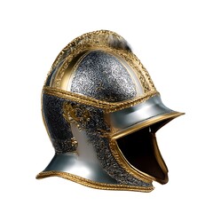 A medieval knight's helmet, featuring intricate metalwork and gold trim, isolated on a clean white background