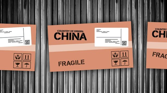 An animated looping background view of hypothetical boxes of drop shipment imports from China being shipped on a conveyor belt. Tariff concept.	