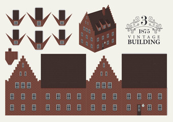 Old building model in classic European or Bavarian style with tiled roof. Hand drawn Vector paper cut out mockup sets. Vintage Christmas toy house. No AI used