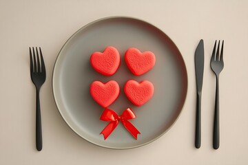 Valentine's Day concept, heart-shaped red marshmallows with red ribbon on a plate and cutlery