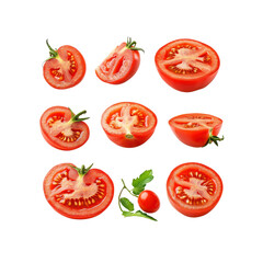 Collection of Fresh Red Tomatoes, Halved and Sliced, Isolated on Transparent Background