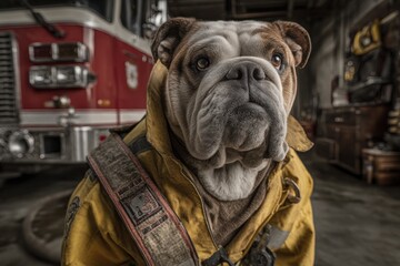 A portrait of an English bulldog dressed as a firefighter in front of a fire truck at the fire station, wearing a yellow coat and safety equipment.