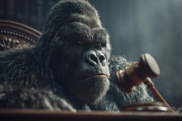 Obraz premium A captivating image of a serious gorilla in a formal setting, holding a gavel, embodying strength and authority, creating a surreal and powerful juxtaposition of nature and law.