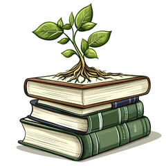 Cartoon vector illustration of a young plant growing from a stack of textbooks with roots and leaves reaching upward on white background.
