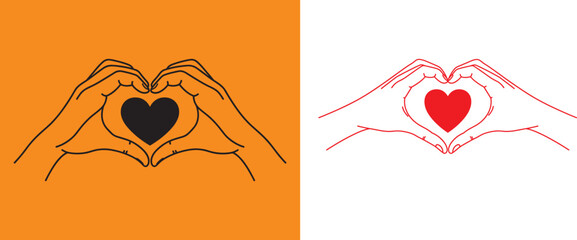 Vector simple linear illustration, hand poster, logo, print design template, hand drawn hands holding heart .