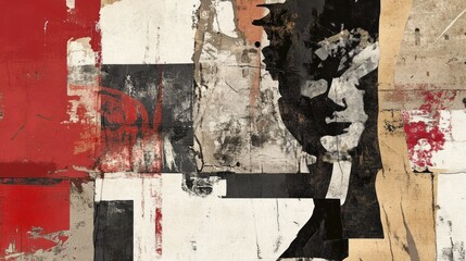 Abstract collage artwork featuring textured layers of red, black, and beige paint, creating a fragmented portrait.