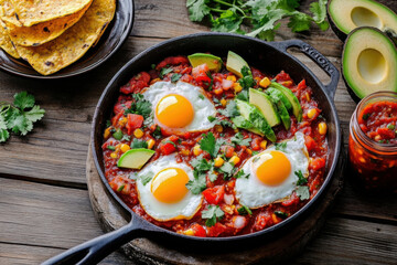 Traditional Mexican breakfast skillet eggs with tomato salsa, avocado and tortillas. Mexican huevos rancheros.