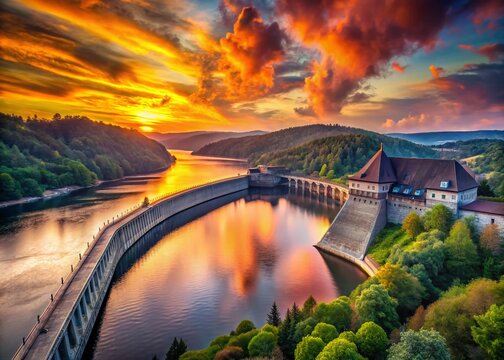 Falkenstein Dam Sunset, Vogtland Saxony Germany - Scenic Panoramic View