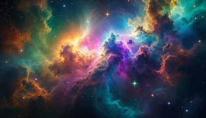Fototapeta premium Colorful cosmic nebula showcasing vibrant hues and swirling gases in the depths of space
