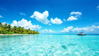 Fototapeta premium Clear turquoise water and sunlit clouds over a serene beach with a boat in the distance
