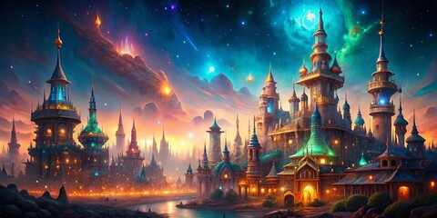 Obraz premium Fantasy City Nightscape: Illuminated Towers & Mystic Skies - Stock Photo