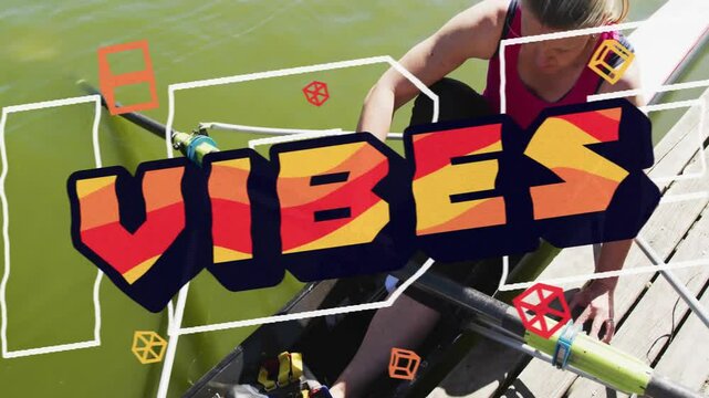 Mature athlete adjusting green oarlock in rowing shell at dock, featuring fitness vibes graphics