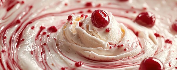 National cherry day with dessert celebration idea. Creamy vanilla ice cream swirled with red sauce and cherries.