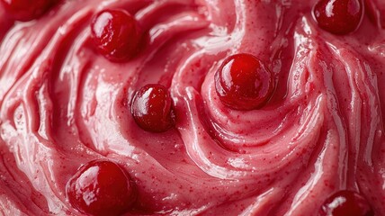 National cherry day with dessert celebration idea. Swirling cherry yogurt with whole cherries on top.