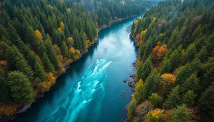 Scenic view of a winding river surrounded by autumn foliage in a forest at twilight in the Pacific Northwest