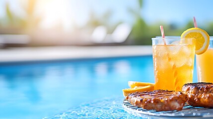 Grilled chicken and iced tea by a sparkling pool