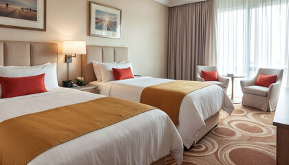 Fototapeta premium Spacious hotel room with two beds, modern decor, and natural light during the day