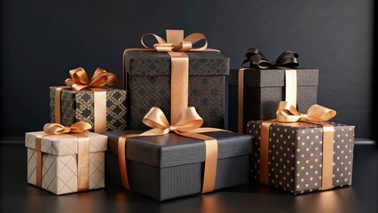 Elegant gift boxes with gold ribbons for special occasions and celebrations with copy space