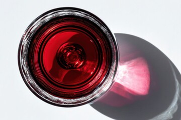 A striking overhead shot of a glass filled with a vibrant red liquid, showing unique patterns and shadows, casting dramatic light on a clean, white background.