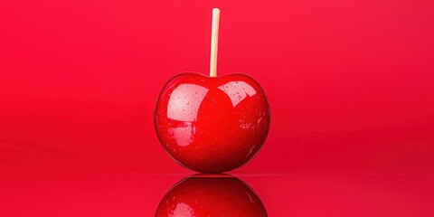 Obraz premium National cherry day with dessert celebration idea. Shiny red cherry lollipop on a reflective surface against a red background.