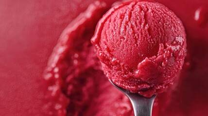 National cherry day with dessert celebration idea. Delicious red cherry sorbet on a spoon against a vibrant background.