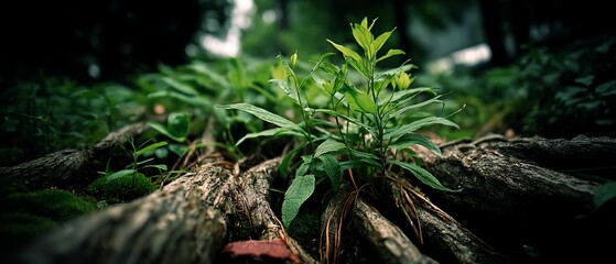 Lush green plant sprouts amidst decaying logs in a shadowy forest