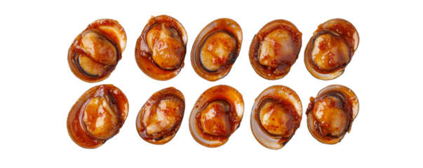 Delicious cooked clams with rich sauce. Top view of multiple abalone halves in spicy red sauce, commonly used in Korean or Chinese cuisine as seafood delicacy.