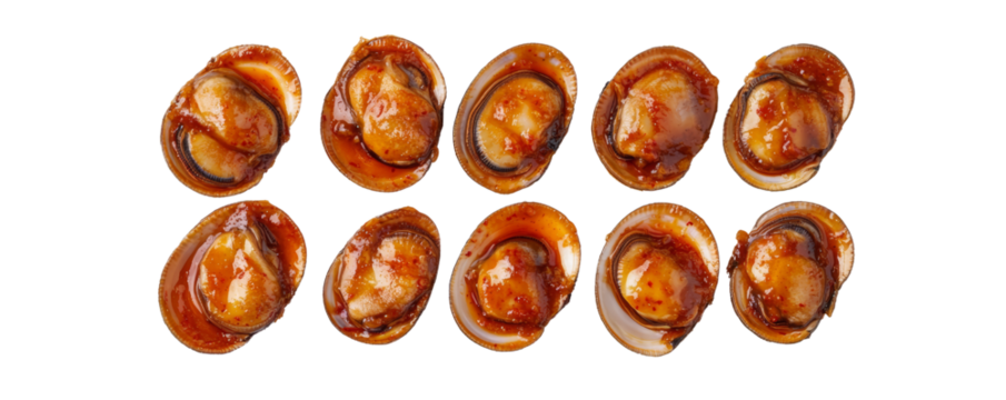 Delicious cooked clams with rich sauce. Top view of multiple abalone halves in spicy red sauce, commonly used in Korean or Chinese cuisine as seafood delicacy.