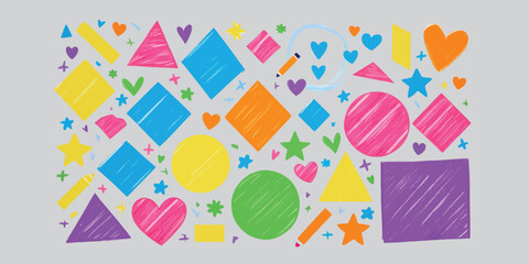 Colorful Shapes and Doodles on Light Gray Background	