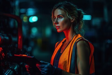 Fototapeta premium A focused female industrial worker, wearing a safety vest, is reviewing documents on a clipboard in a dimly lit factory setting, exuding competence and professionalism.