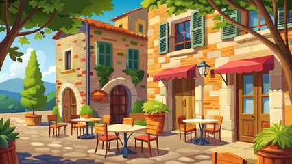 Very beautiful Cafe tables and chairs outside a stone building in Tuscany