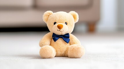 A beige teddy bear with a blue bow tie sits on a light carpet