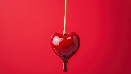 National cherry day with dessert celebration idea. Sweet red cherry with melted cholcolate on a red background.