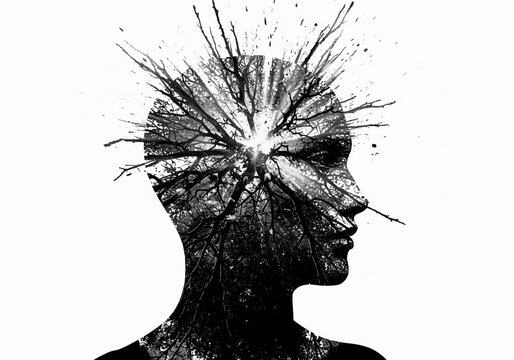 silhouette of a woman, Abstract Black and White Portrait of a Head with an Exploding Branch Pattern